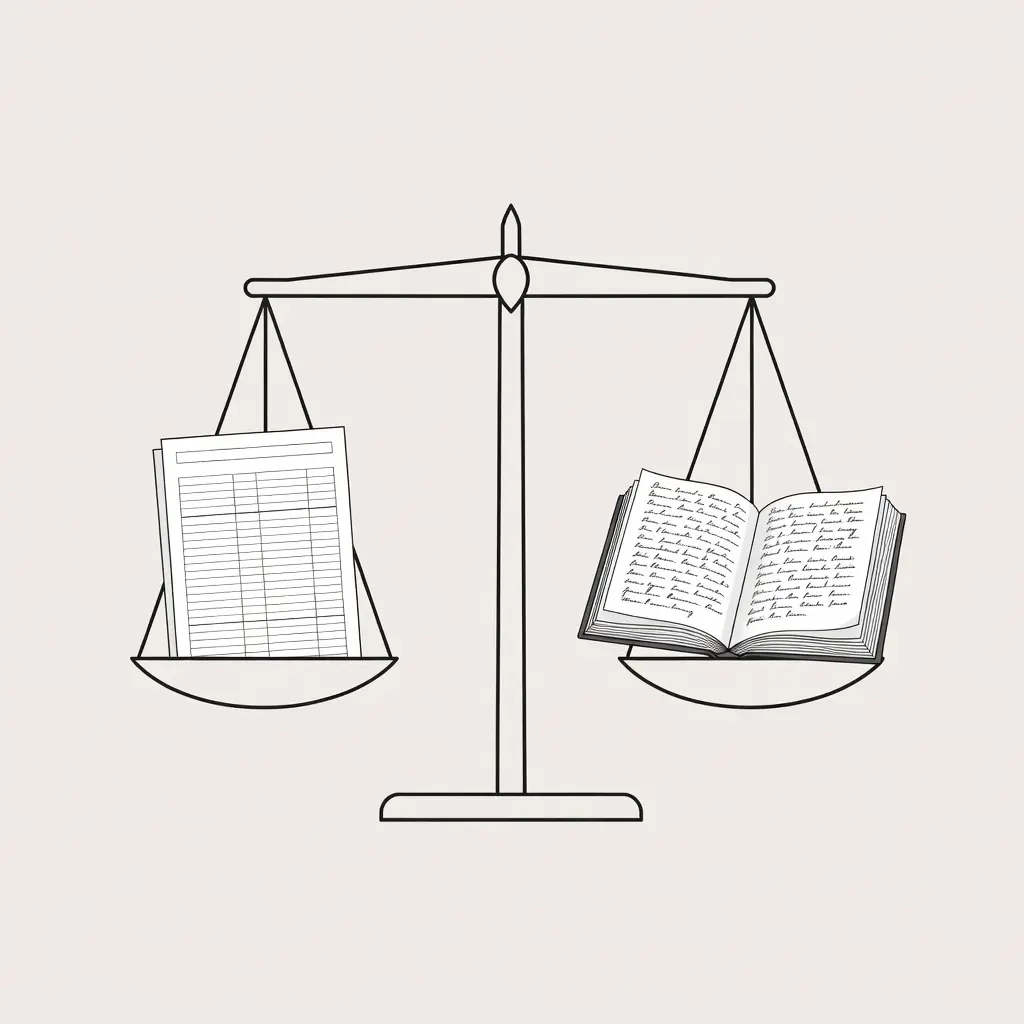 Split illustration depicting two contrasting review approaches balanced on a scale — a structured analytical template on one side and a personal handwritten journal entry on the other