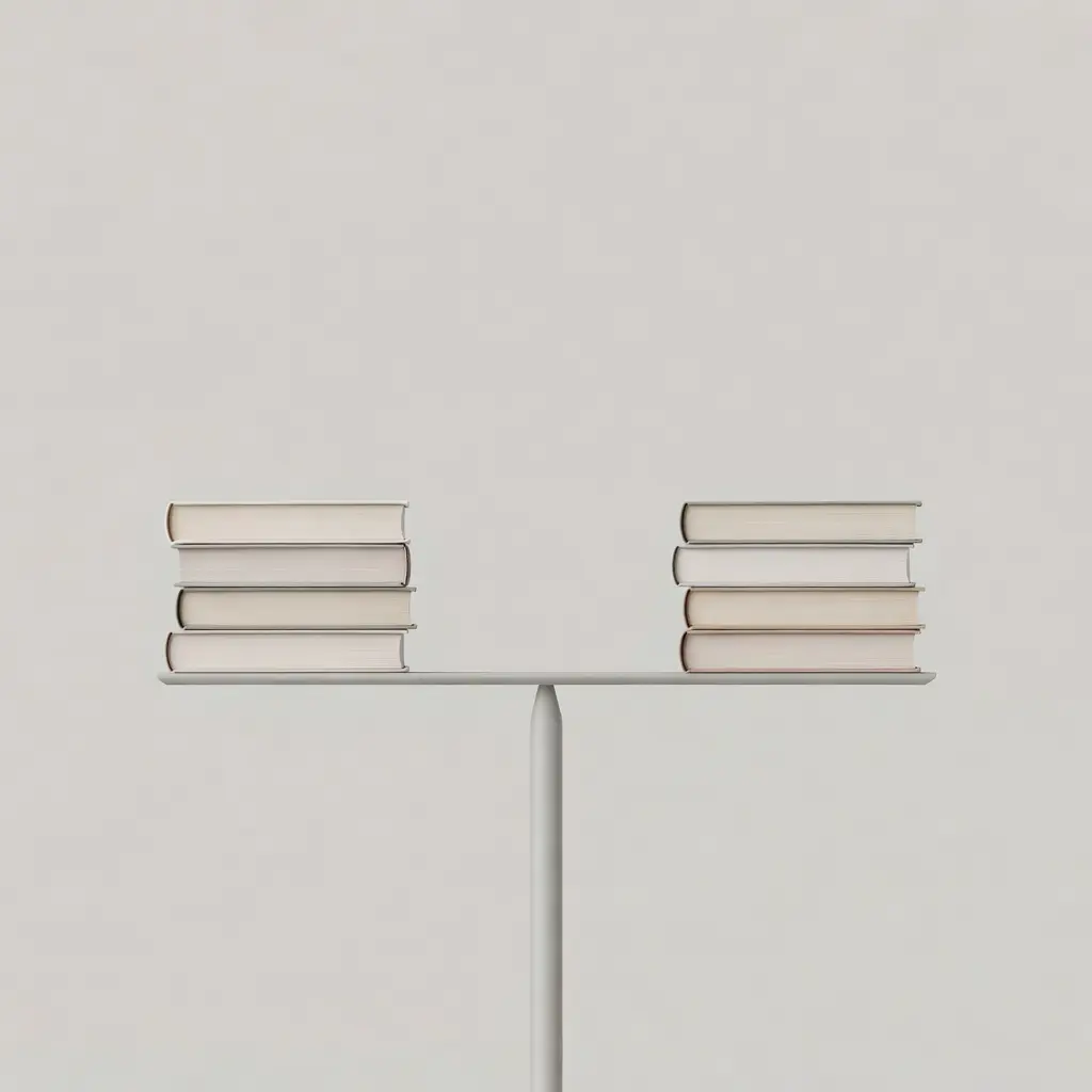 Balance scale representing fair and unbiased book review analysis A balance scale with books on both sides representing balanced and fair forum book review evaluation