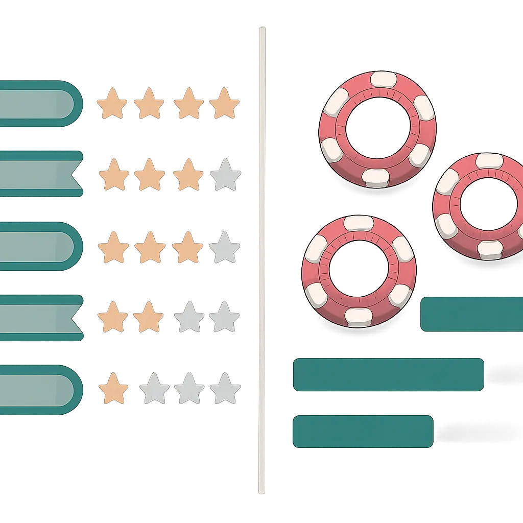 Comparison of review rating systems Side-by-side comparison chart showing trust factors in book and casino review ratings