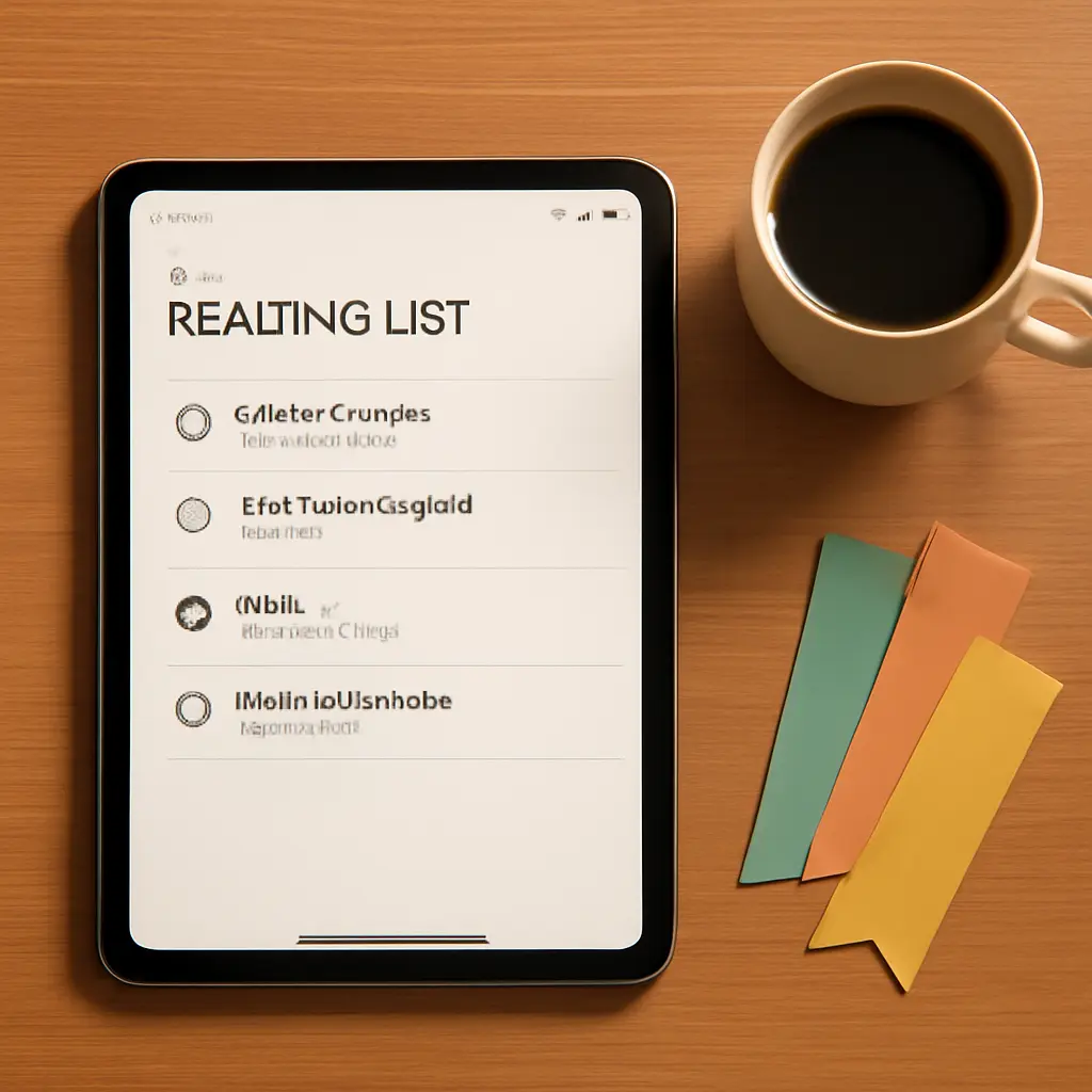 Curated reading list concept Neatly organized reading list on a tablet screen next to a cup of coffee and bookmarks