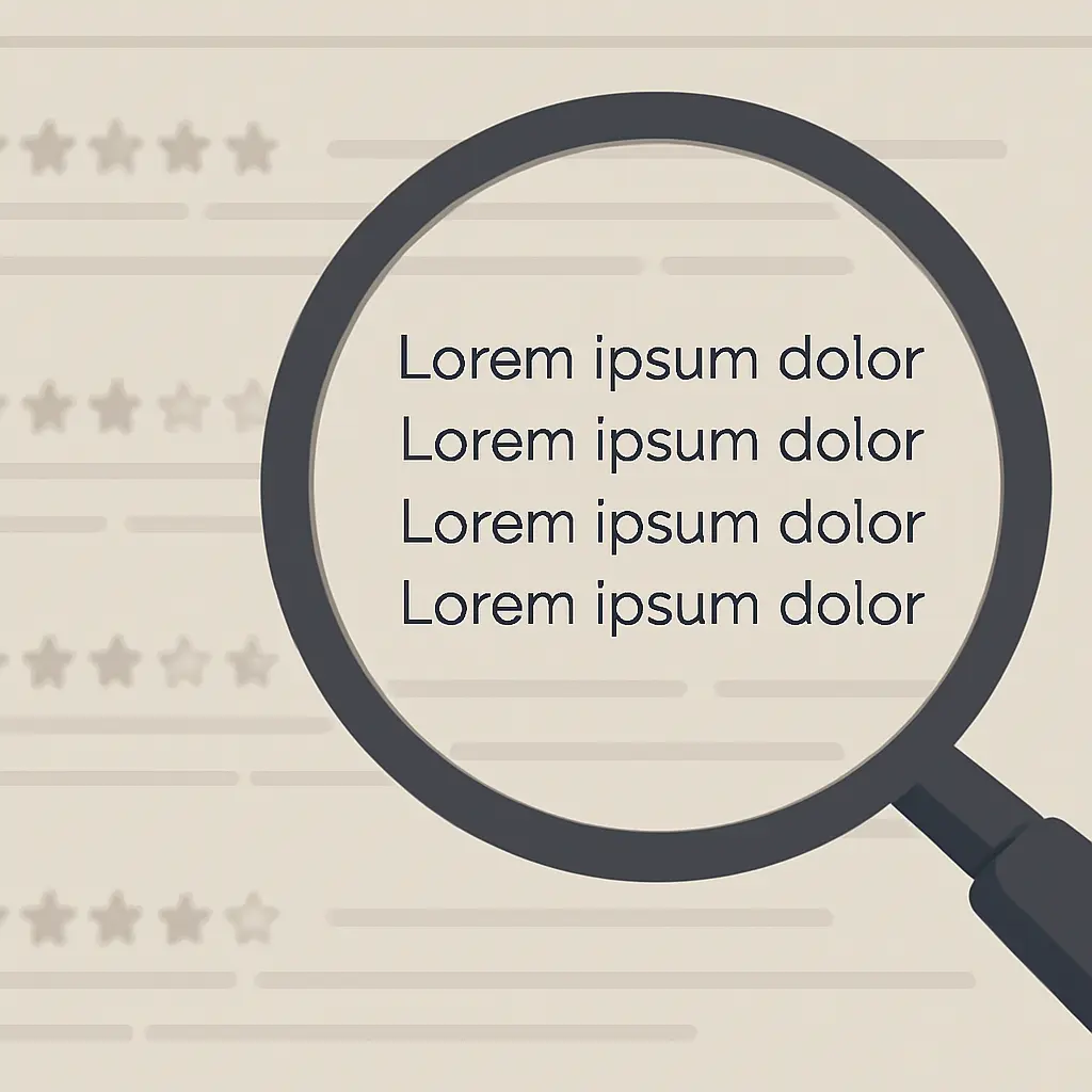 Detecting fake reviews Magnifying glass over reviews showing fake patterns and red flags