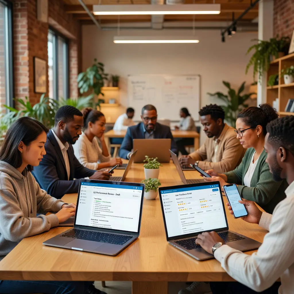 Members of an online forum community writing and discussing detailed book reviews together at desks with laptops
