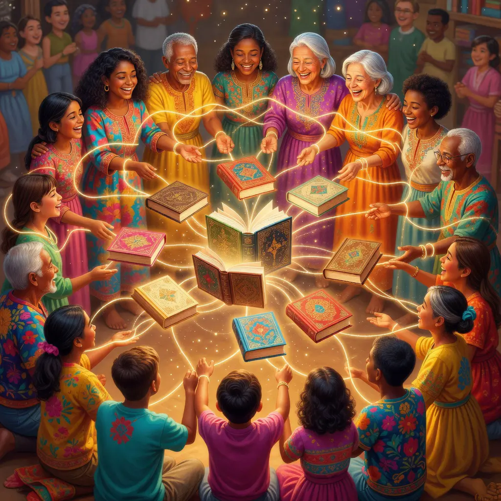 Online community of readers sharing forum book reviews A diverse group of readers connected in an online forum community, sharing and discussing book reviews together