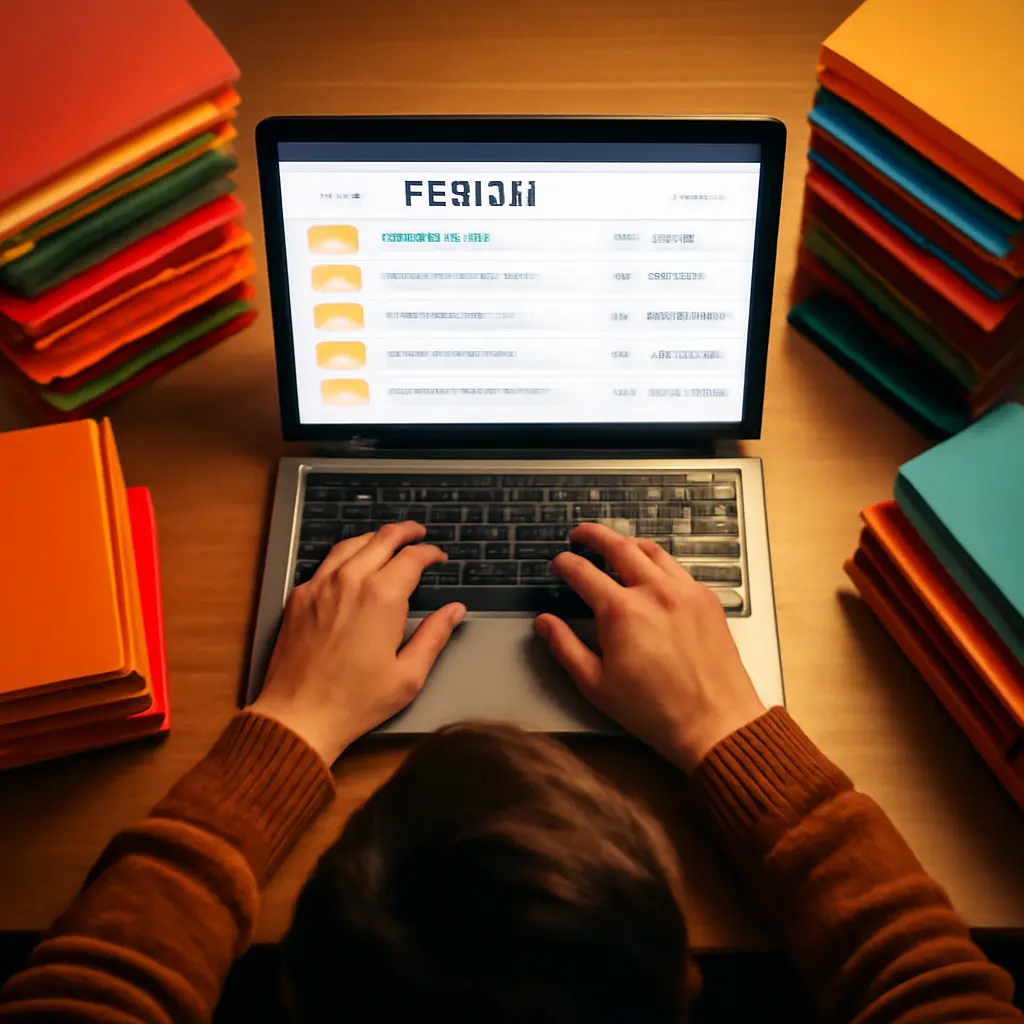 Reader browsing forum reviews Person scrolling through an online forum on a laptop while surrounded by stacked books