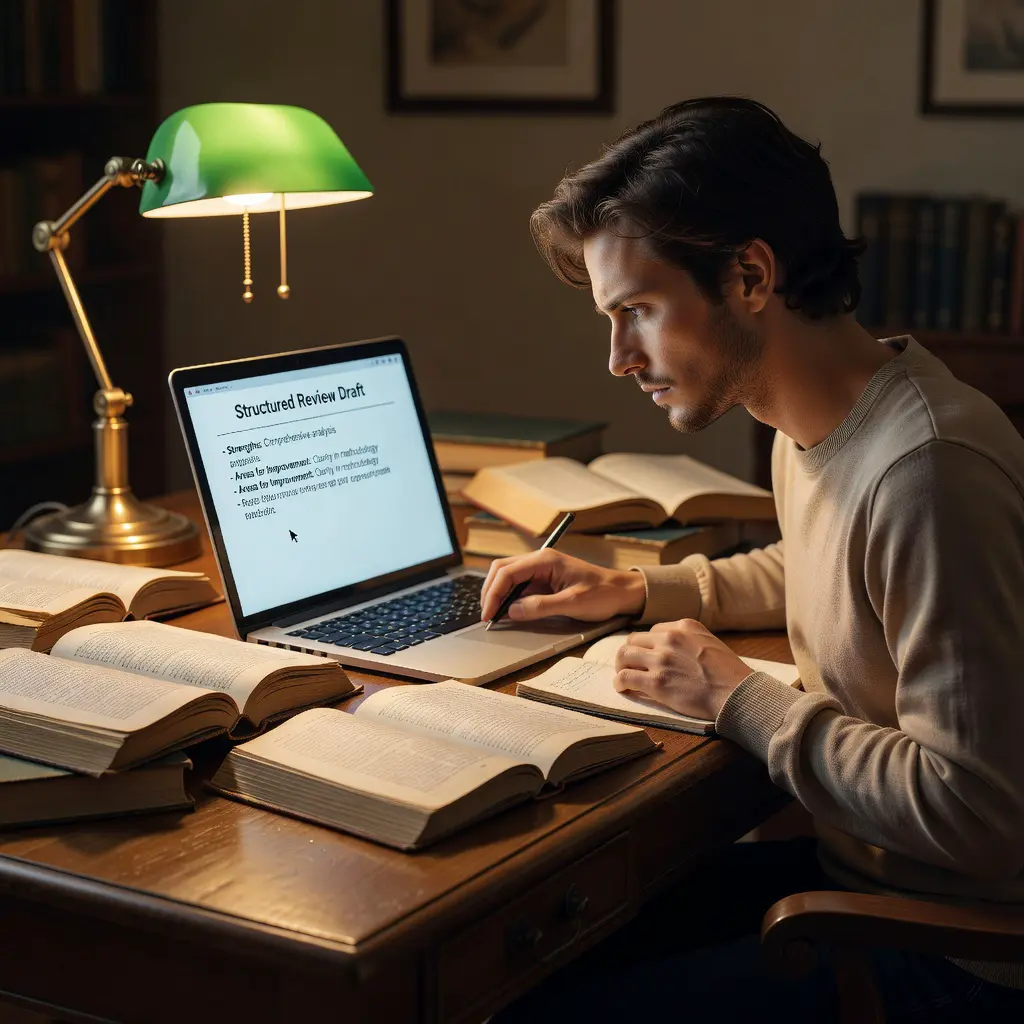 A focused person writing a detailed structured book review at a wooden desk surrounded by open books and a laptop