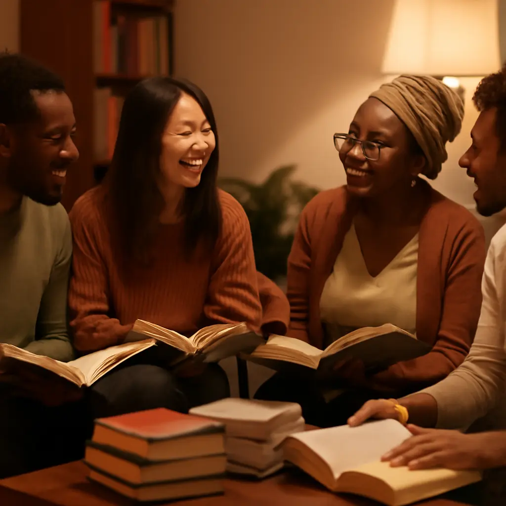Group of readers discussing books around a table