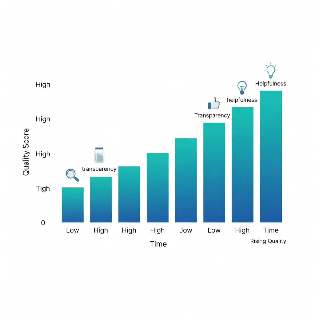 Flat design bar chart illustrating measurable improvements in forum book review quality metrics including length, transparency, and reader satisfaction