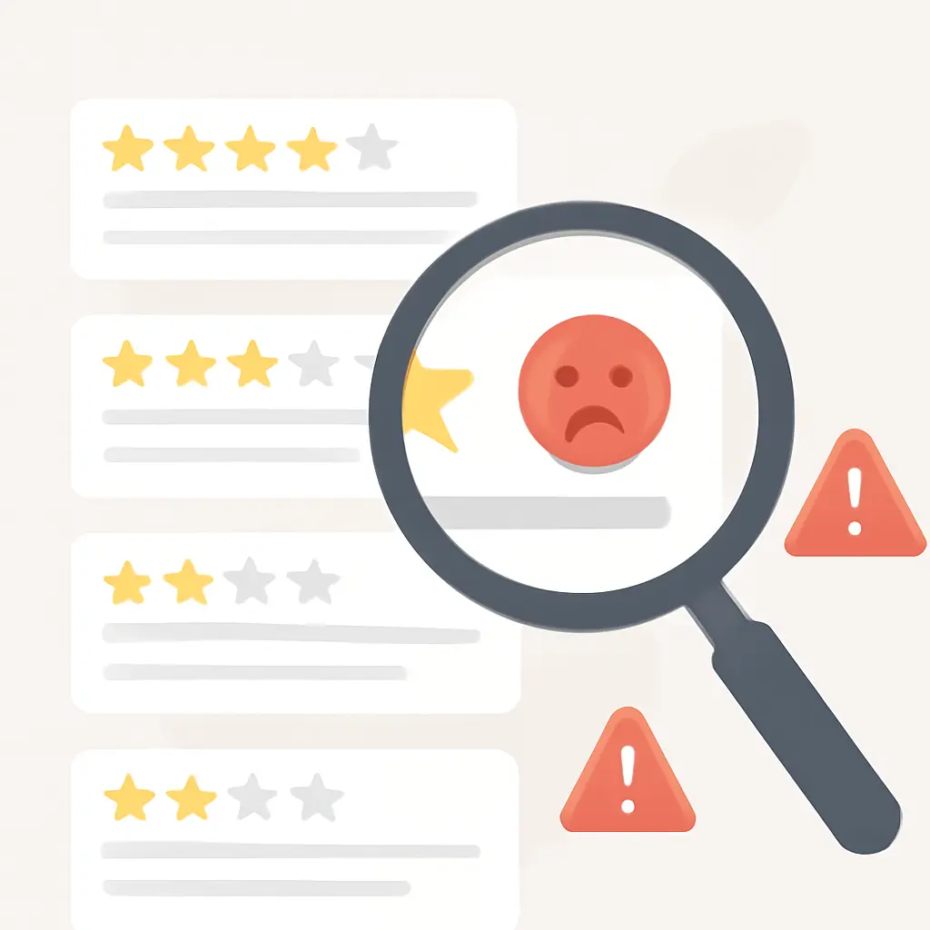 Spotting fake reviews Illustration of a magnifying glass over online reviews, highlighting suspicious patterns